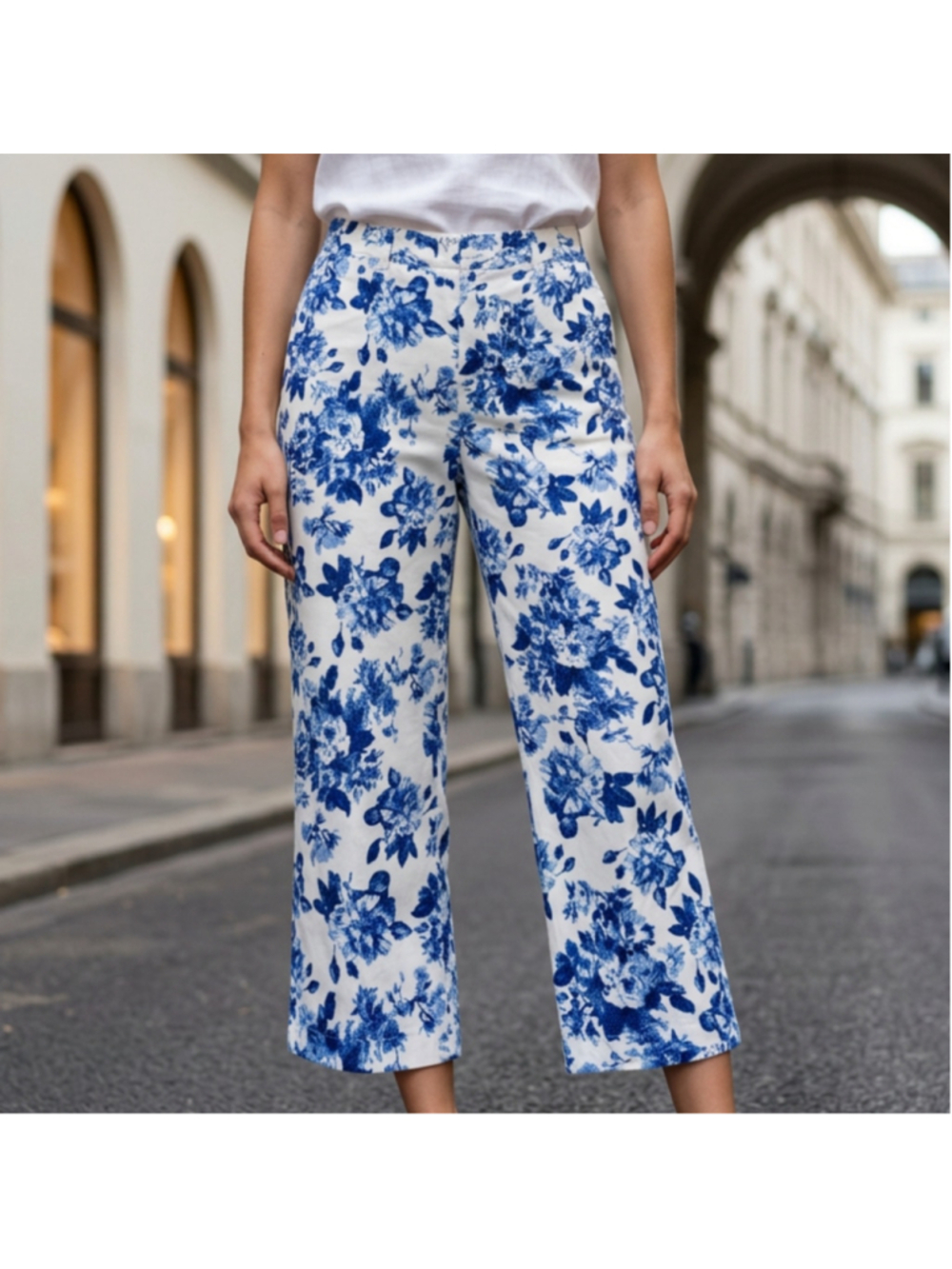 Blue Floral Cottagecore Capri Crop Pants Coastal Grandma Whimsical 5 pockets 6